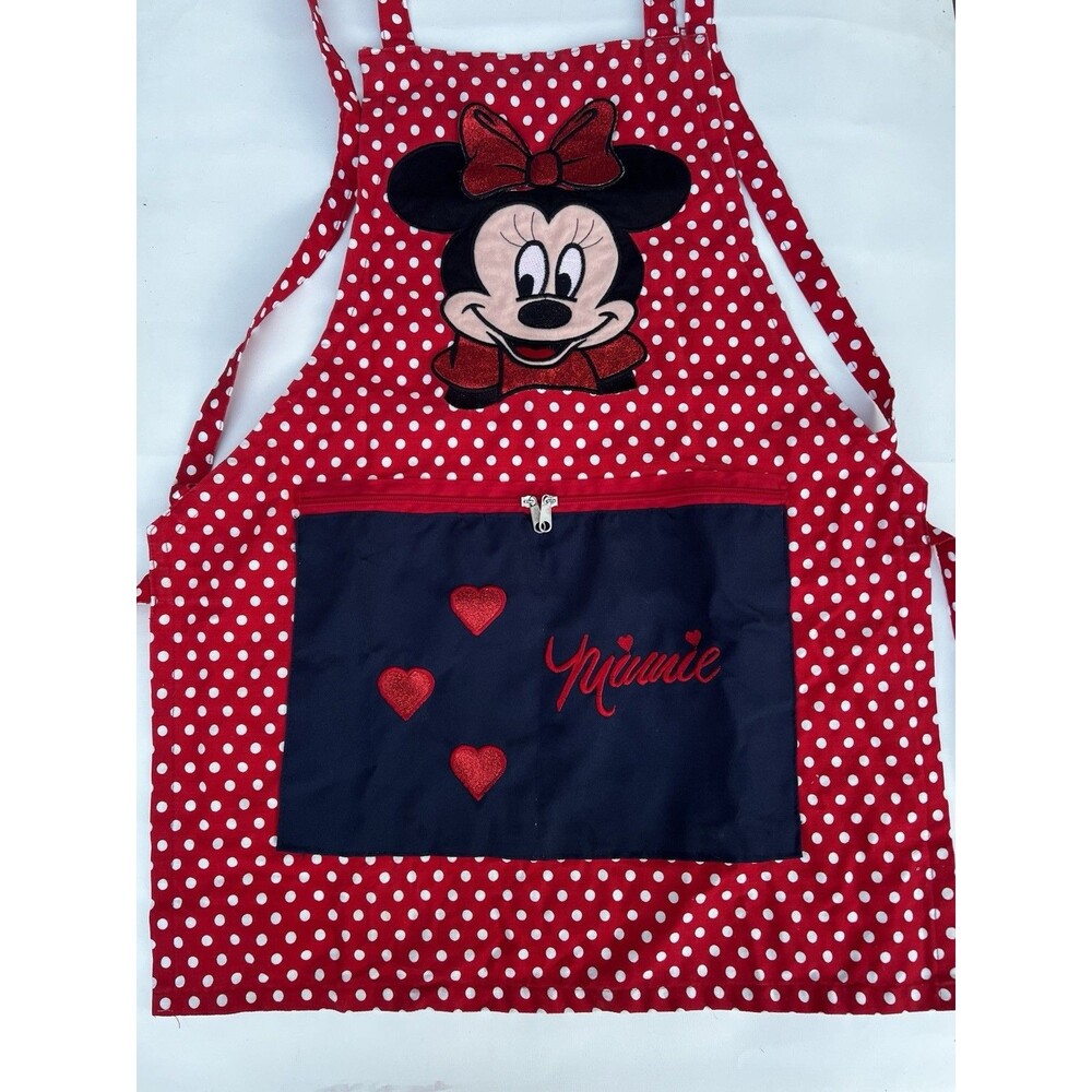 Disney Minnie Mouse Polka Dot Bib kitchen Apron Cotton Red White Black ZipPocket